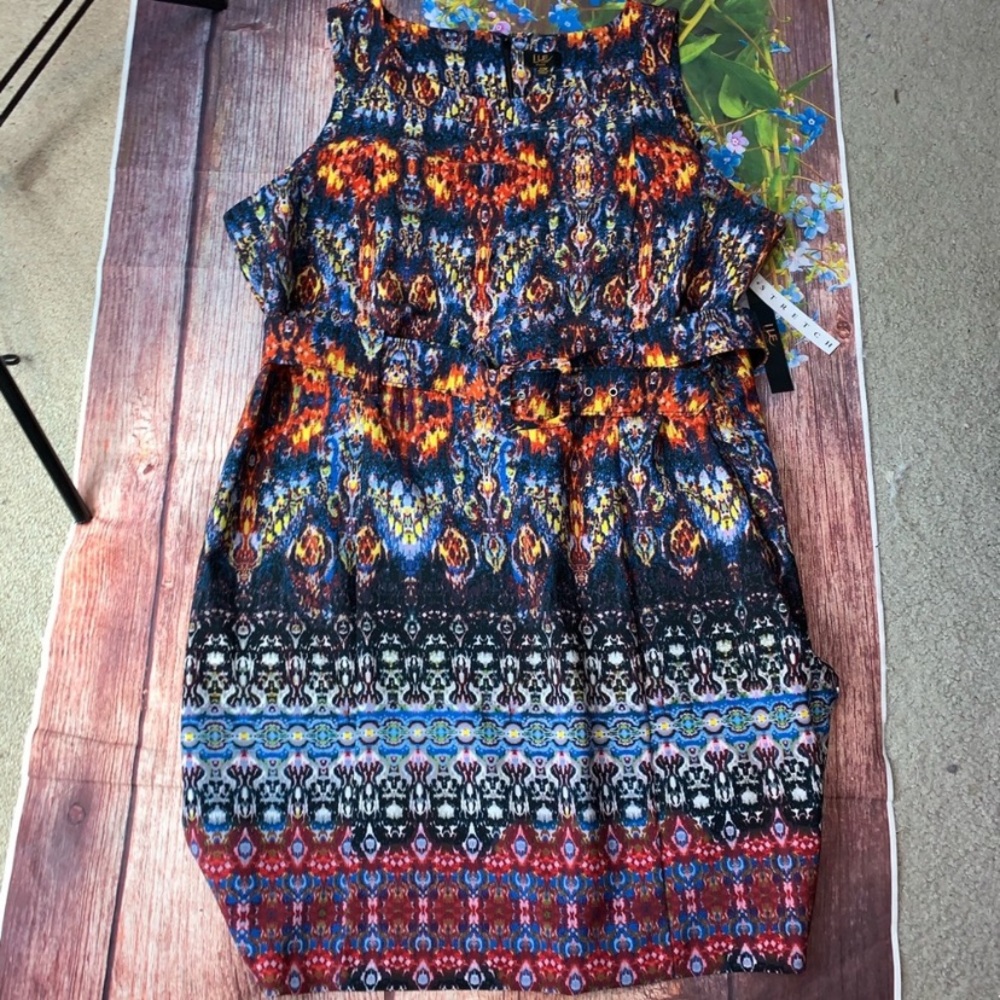 I LE Multicolored Belted Stretch Tank Dress 22W